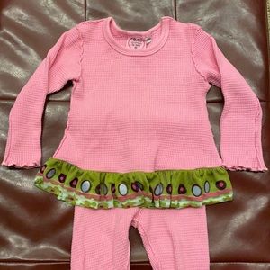 Baby / Toddler pink waffle knit shirt and pants set with ruffles. 100% cotton.
